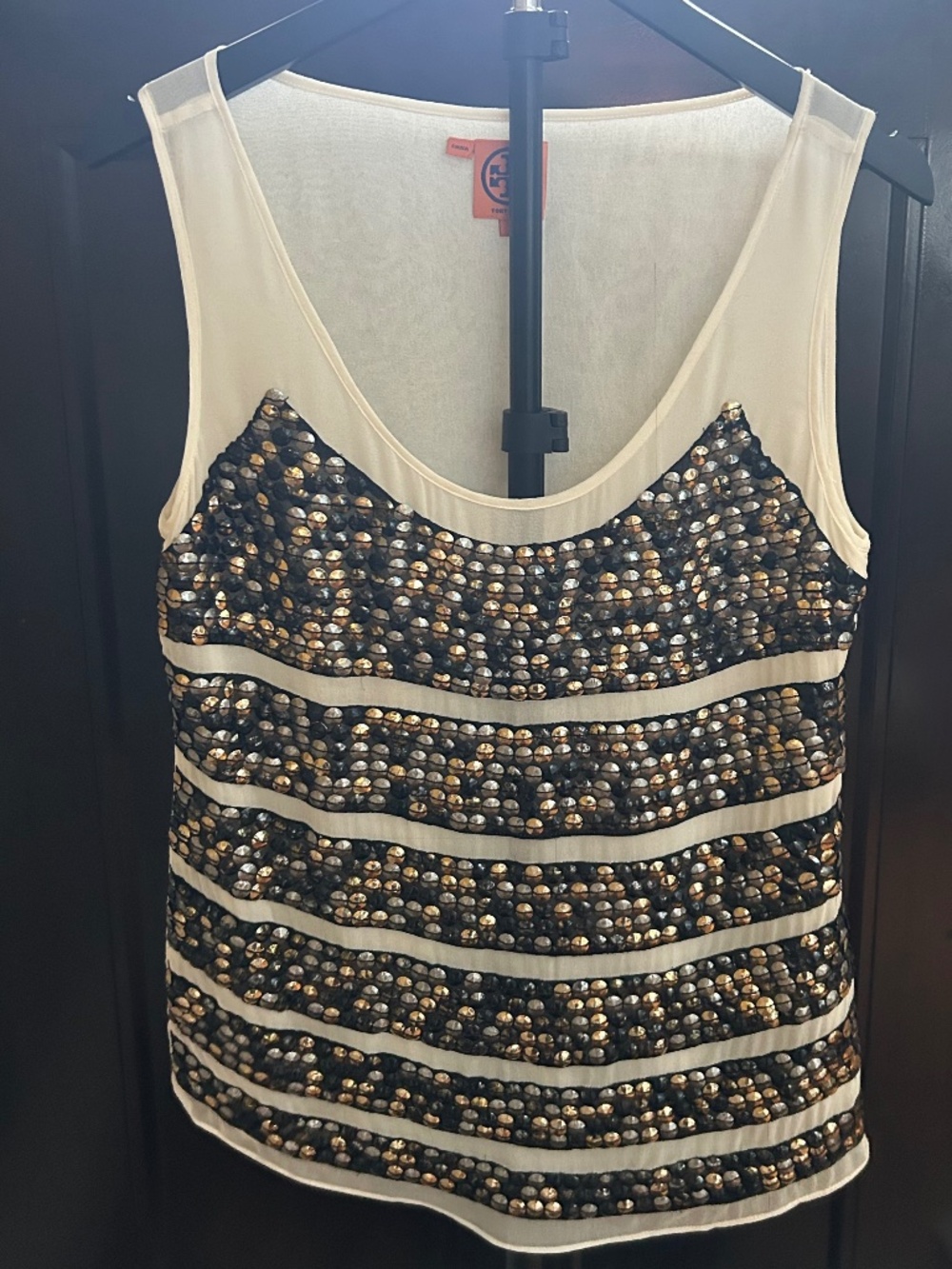 Tory Burch Silk Sequin Tank Top Women's Size 4 Ivory Gold Silver Embellished - Picture 2 of 7
